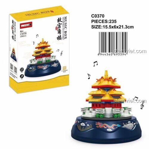Hộp đồ chơi lắp ráp WOMA C0370 Hộp Nhạc Tháp Góc Cố Cung, bộ xếp hình 235 mảnh, hiển thị kích thước hộp, lựa chọn tiết kiệm cho bé gái 6 tuổi.
