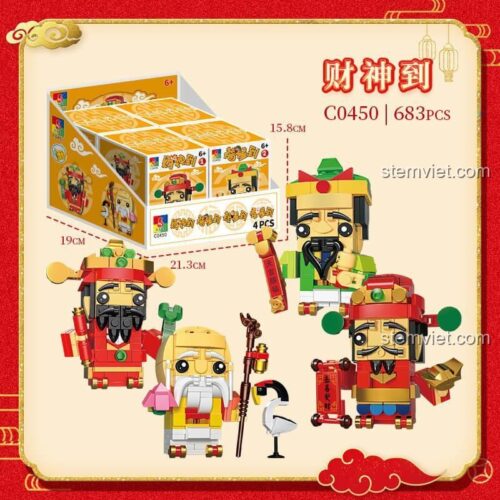 Bộ lắp ghép WOMA C0450 Bộ Lắp Ráp Tượng Phúc Lộc Thọ Thần Tài hiển thị kích thước hộp, phù hợp bé trai và bé gái 6 tuổi, giá tiết kiệm