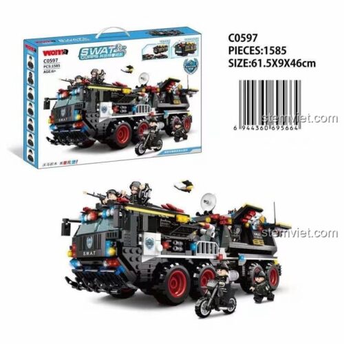 Hộp bộ lắp ghép WOMA C0597 Xe Bọc Thép SWAT 1585 mảnh, hiển thị kích thước và số chi tiết, phù hợp bé trai 6 tuổi, chất lượng cao