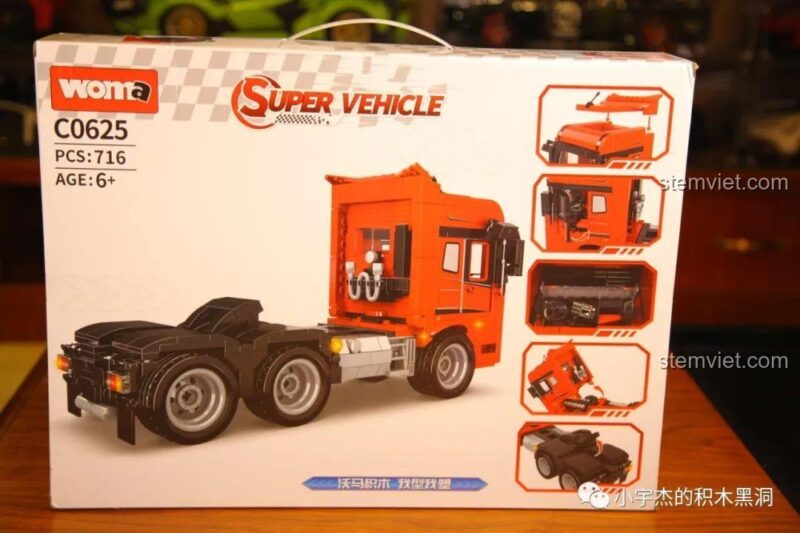 Mặt sau hộp đồ chơi WOMA C0625 hiển thị các chi tiết và tính năng của mô hình Xe Tải Kéo Rơ Moóc sau khi lắp ráp.