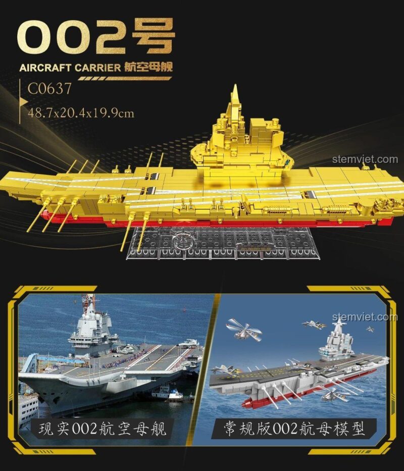 Kích thước mô hình tàu sân bay Sơn Đông WOMA C0637, đồ chơi lắp ghép 919 chi tiết, phù hợp bé trai đam mê quân sự.