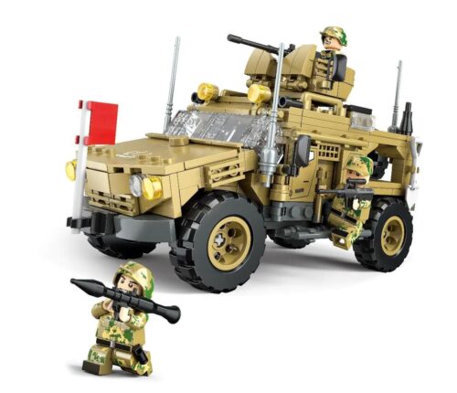 Bộ lắp ghép WOMA C0843 Xe Chống Mìn Chống Phục Kích với 3 minifigure lính, màu nâu vàng, phù hợp bé trai 6 tuổi, giá tốt.