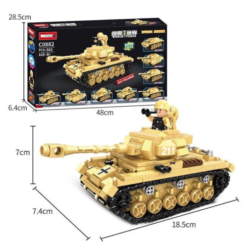 Bộ lắp ghép Xe Tăng Hổ WOMA C0882 kích thước mô hình 18.5x7.4x7cm và hộp 48x28.5x6.4cm, đồ chơi lắp ráp Xe Tăng Quân Sự giá tốt cho con trai 6 tuổi.