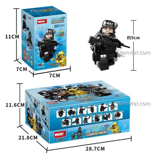 Kích thước mô hình lính SWAT WOMA C5000 và hộp sản phẩm, đồ chơi lắp ráp cho bé trai 6 tuổi, chất lượng cao