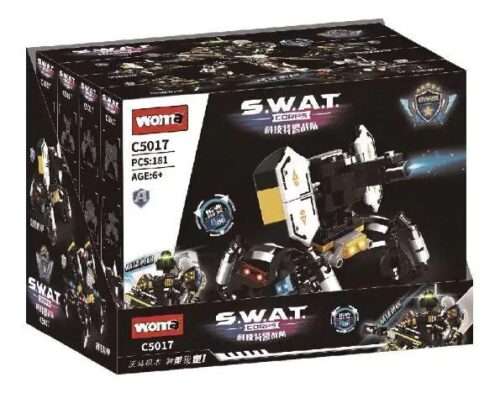 Hộp sản phẩm bộ lắp ráp Woma C5017 Robot Biệt Đội SWAT cho bé trai 6 tuổi, giá rẻ. Đây là một trong 4 hộp nhỏ của bộ sản phẩm.