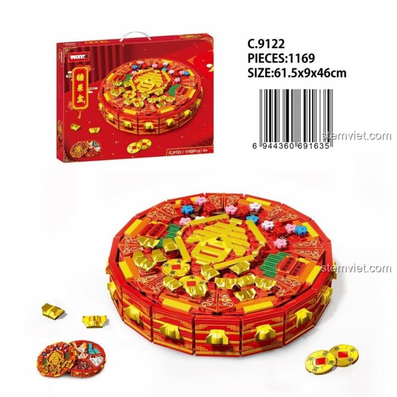 Hộp đựng bánh kẹo Tết WOMA C9122 và vỏ hộp, đồ chơi mô hình 1169 mảnh cho cả gia đình dịp Tết.
