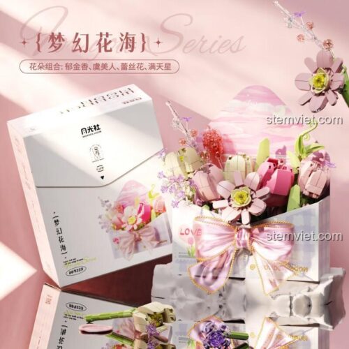 đồ chơi mô hình Wonder Moon 804223, bộ xếp hình Biển hoa mộng mơ gồm hoa tulip, hoa anh túc, hoa ren và hoa baby