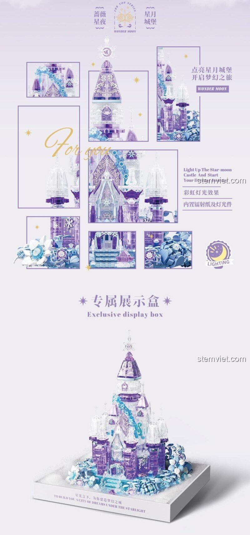 Bộ lắp ghép Lâu đài Đêm Sao Hoa Hồng Wonder Moon có đèn LED và hiệu ứng ánh sáng cầu vồng.