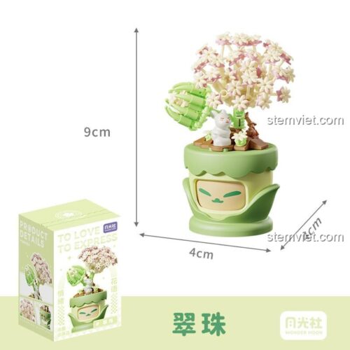 Ảnh thể hiện kích thước thực tế của bộ xếp hình 804433 Chậu cây cảm xúc, cao 9cm và rộng 4cm, phù hợp để bàn.