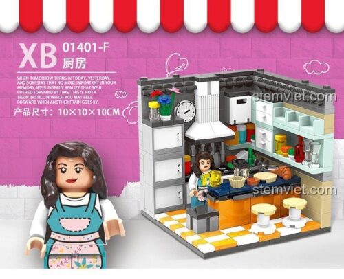 Cảnh phòng bếp trong bộ đồ chơi mô hình trang trí nhà cửa Xingbao XB-01401F, chi tiết tinh xảo, kèm minifigure, giá tốt.