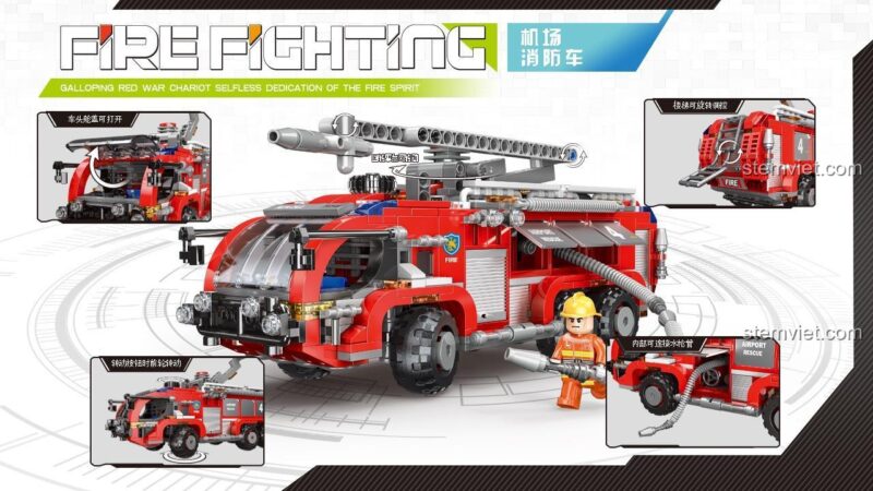 Bộ đồ chơi lắp ráp Xingbao XB-03028 Xe Cứu Hỏa Sân Bay với cần cẩu cứu hỏa xoay 360 độ, khoang động cơ mở được