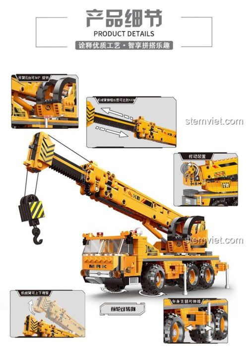Đồ chơi lắp ráp XINGBAO Xe cẩu XB-03036 với các chi tiết cần cẩu xoay 360 độ, cần kéo dài 42cm, chân chống mở rộng, bánh lái được, giúp bé phát triển kỹ năng.