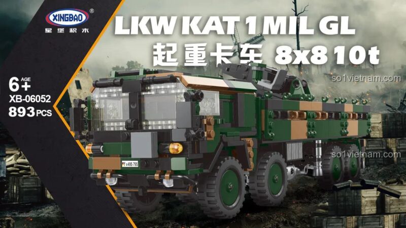 bộ lắp ghép Xingbao XB06052, đồ chơi lắp ráp Xe Tải Cẩu Quân Sự XB 06052, hộp sản phẩm hiển thị 893 chi tiết, độ tuổi 6+, cho bé trai, giá bình dân