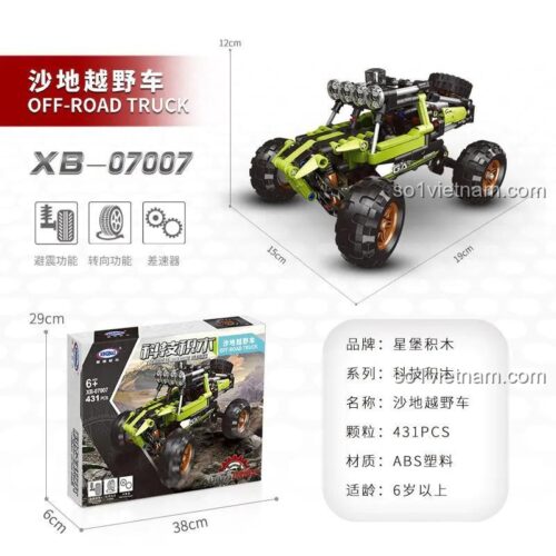 Hộp bộ lắp ghép Xe Địa Hình Sa Mạc XINGBAO XB-07007 hiển thị kích thước mô hình và các tính năng kỹ thuật như giảm xóc, lái, vi sai, phù hợp cho con trai 6 tuổi