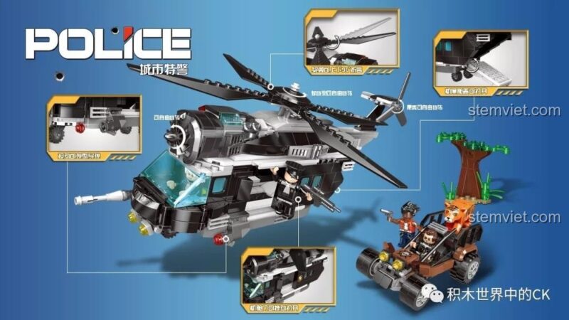 Chi tiết bộ đồ chơi cảnh sát XINGBAO XB-10004 với trực thăng có cánh quạt quay, cửa mở và xe địa hình
