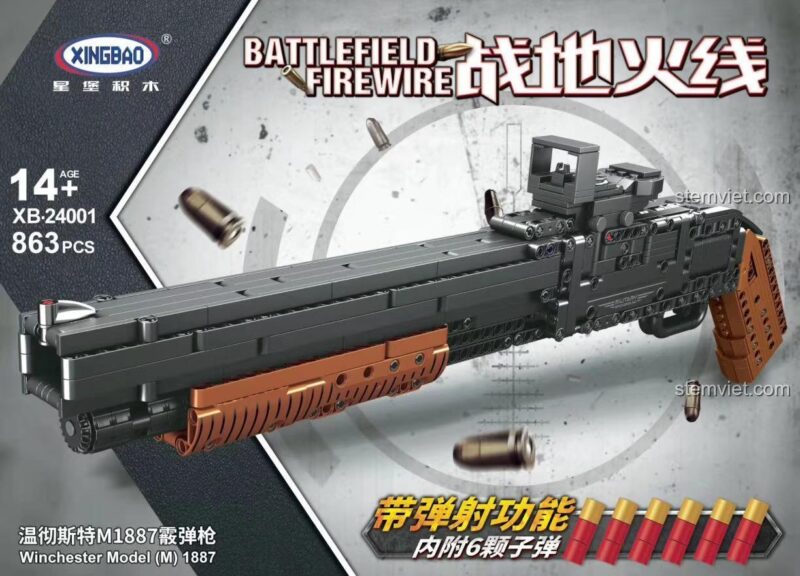 Hộp sản phẩm bộ đồ chơi XINGBAO XB-24001 Súng Winchester M1887, nổi bật tính năng bắn đạn nhựa, 863 mảnh ghép, độ tuổi 14+, chất lượng cao.