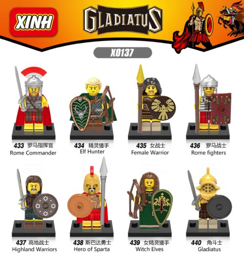 Bộ 8 Nhân Vật Minifigure GLADIATUS XINH X0137 - La Mã Chỉ Huy, Thợ Săn Tinh Linh, Nữ Chiến Binh, Chiến Binh La Mã, Chiến Binh Cao Nguyên, Chiến Binh Sparta, Nữ Thợ Săn Tinh Linh, Đấu Sĩ