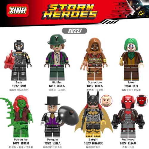 Bộ minifigure XINH X0227 StormHeroes Siêu Anh Hùng DC, bao gồm 8 nhân vật phản diện và anh hùng như Joker, Bane, Batgirl, Riddler, Poison Ivy, Penguin, Scarecrow, Red Hood. Đồ chơi lắp ráp tương thích LEGO® cho bé trai 8 tuổi, chất lượng tốt, giá rẻ.