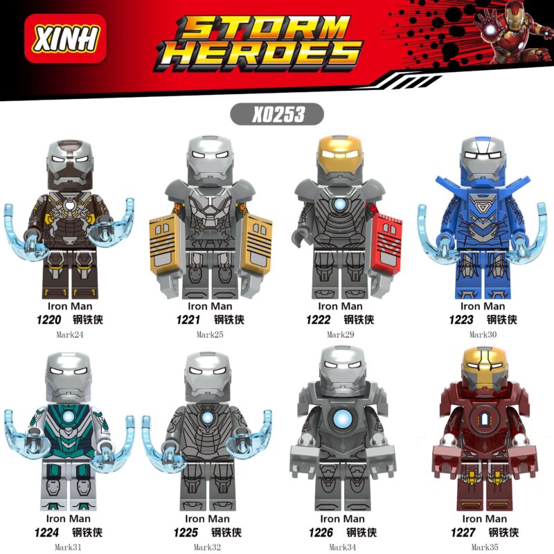 Bộ 8 minifigure Người Sắt Iron Man XINH X0253 chi tiết cao, tương thích LEGO®, giá tốt cho bé trai 6 tuổi trở lên.