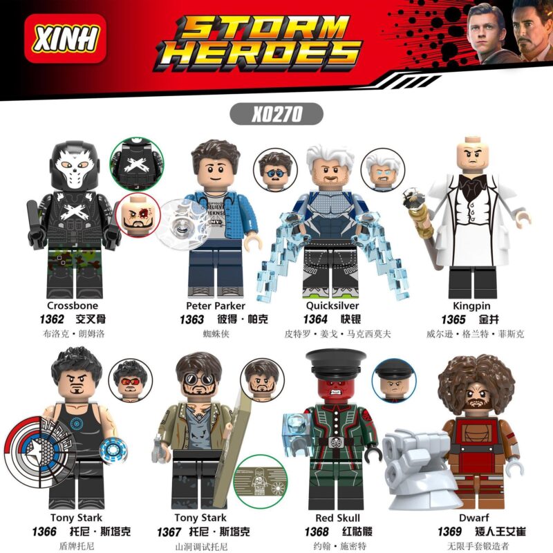 Storm Heroes X0270 - Bộ đồ chơi nhân vật siêu anh hùng Marvel, bao gồm Crossbone, Peter Parker, Quicksilver, Kingpin, Tony Stark, Red Skull, Dwarf. Phù hợp cho bé trai 8 tuổi.