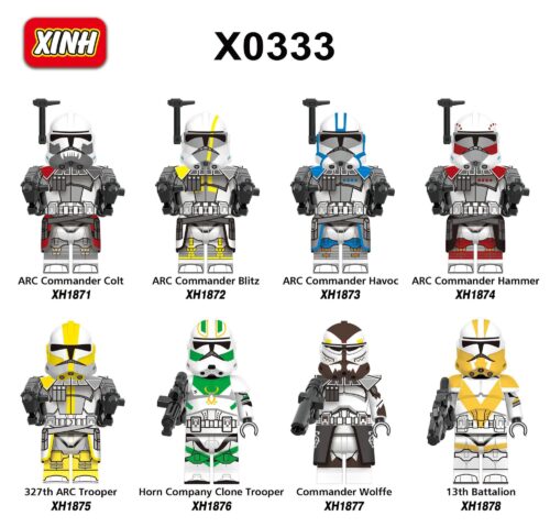 Bộ 8 nhân vật Star Wars XINH X0333, bao gồm ARC Commander Colt, ARC Commander Blitz, ARC Commander Havoc, ARC Commander Hammer, 327th ARC Trooper, Horn Company Clone Trooper, Commander Wolffe, 13th Battalion. Đồ chơi lắp ráp cho bé trai 6 tuổi.