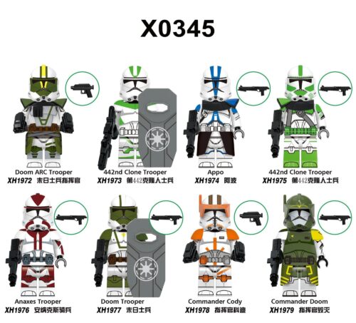 Bộ 8 nhân vật Star Wars XINH X0345, bao gồm Doom ARC Trooper, 442nd Clone Trooper, Appo, Anaxes Trooper, Doom Trooper, Commander Cody, Commander Doom, mỗi nhân vật có vũ khí đi kèm, đồ chơi lắp ráp cho bé trai 6 tuổi