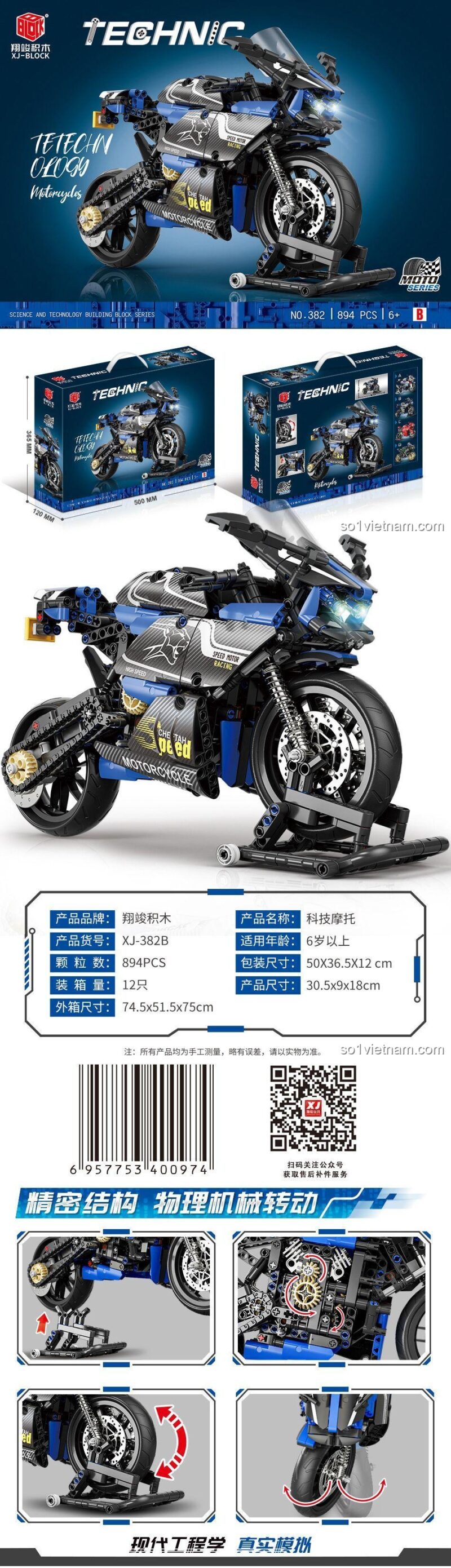 Thông số kỹ thuật đồ chơi lắp ráp XJ-BLOCK XJ-382B Mô hình Xe Mô tô Đua Ducati, kích thước mô hình 30.5x9x18cm, 894 chi tiết, cho con trai 6 tuổi.