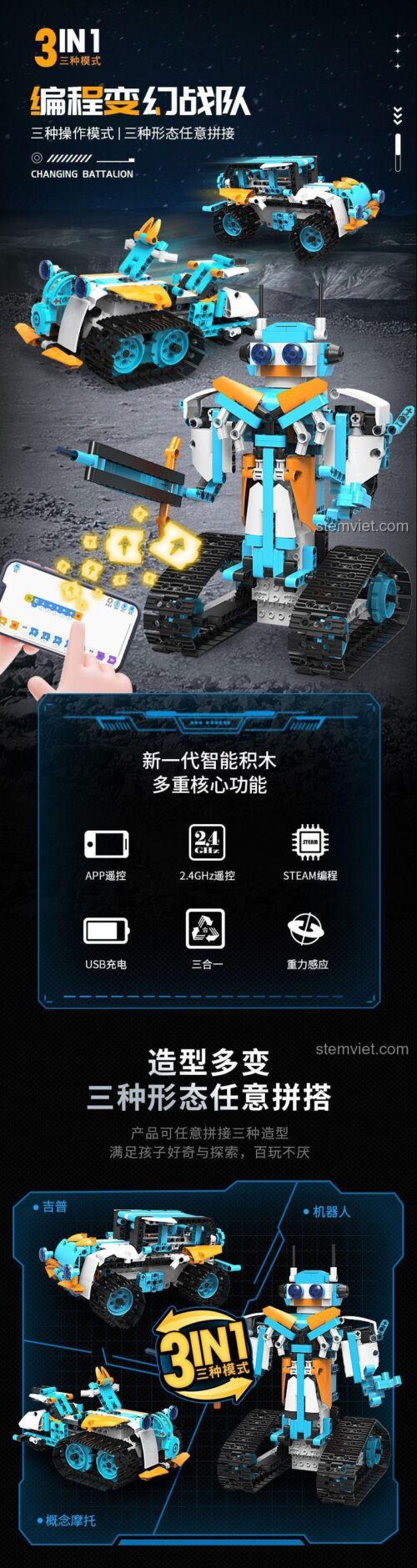 Tính năng thông minh của đồ chơi lắp ghép XK BC-21: lập trình STEAM, điều khiển qua app, sạc USB.