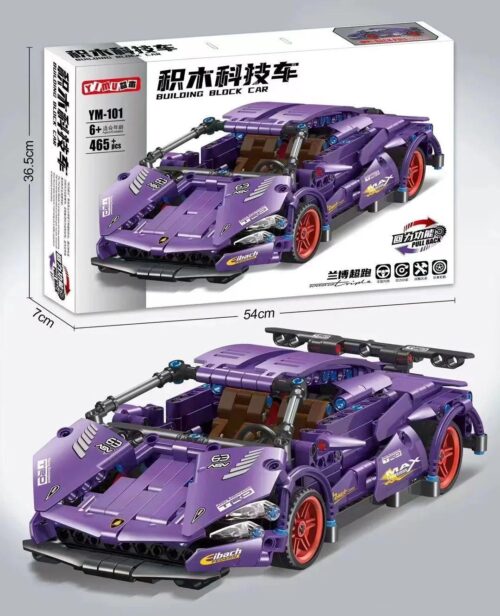 Bộ lắp ráp Siêu xe Lamborghini FKP YIMU YM-101 với 465 mảnh ghép, thể hiện kích thước hộp và mô hình. Đồ chơi mô hình xe đua tím có động cơ kéo lùi, phù hợp bé trai 6 tuổi, giá tốt.