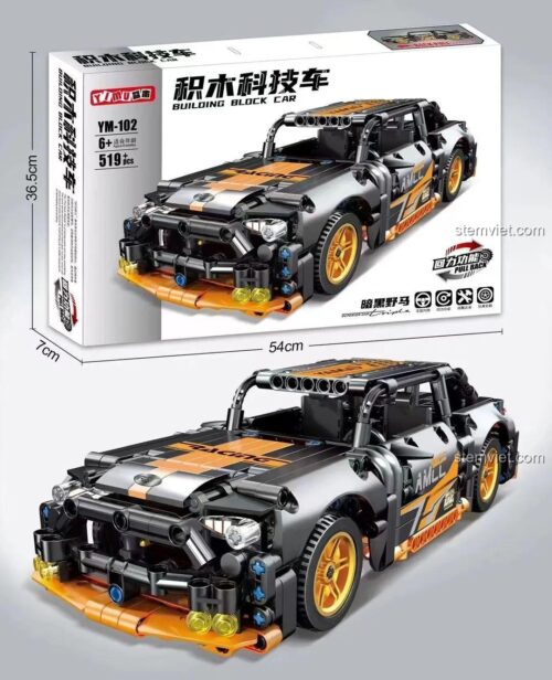 Hộp bộ đồ chơi YIMU YM-102 Xe Ford Mustang Dark Horse Đua Kéo Lùi, thể hiện kích thước sản phẩm, phù hợp bé trai 6 tuổi.