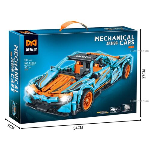 Hộp đồ chơi Yonglexing 11012 McLaren P1, bộ lắp ghép siêu xe 451 mảnh, thể hiện kích thước hộp 54x37x7cm, cho bé trai 6 tuổi.