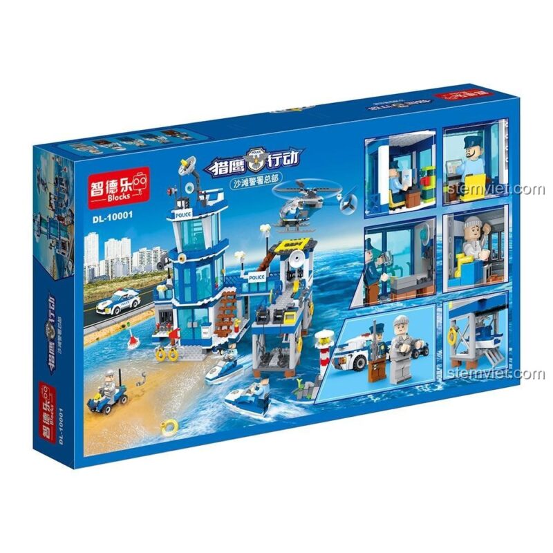 Hộp bộ đồ chơi ZDEL DL-10001 Trụ sở Cảnh sát Bãi biển, thể hiện các cảnh chơi và tính năng nổi bật, là món đồ chơi lắp ghép chất lượng cao cho bé trai 6 tuổi.