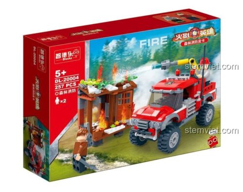 Hộp đồ chơi lắp ráp ZDEL DL-20004 Xe Cứu Hỏa Rừng Xanh, hiển thị 257 mảnh ghép và độ tuổi 5+, phù hợp cho bé trai yêu thích đồ chơi xây dựng.