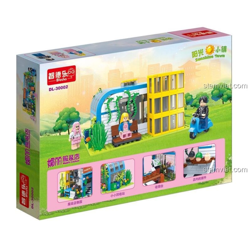 Chi tiết bên trong hộp ZDEL DL-30002 đồ chơi mô hình Cửa hàng thời trang, hiển thị các khu vực cửa hàng, quầy thu ngân, giúp bé gái 6 tuổi phát triển sáng tạo.