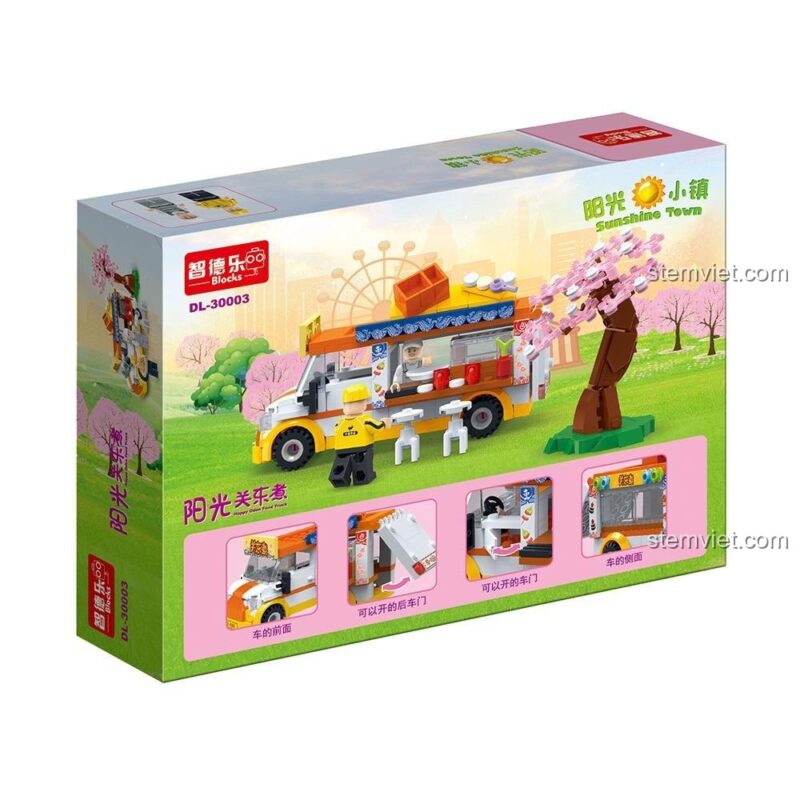 Hộp đồ chơi xây dựng ZDEL DL-30003 Xe bán Oden đường phố Sunshine Town, mô tả tính năng cửa mở và chi tiết nội thất, phù hợp bé gái 6 tuổi.