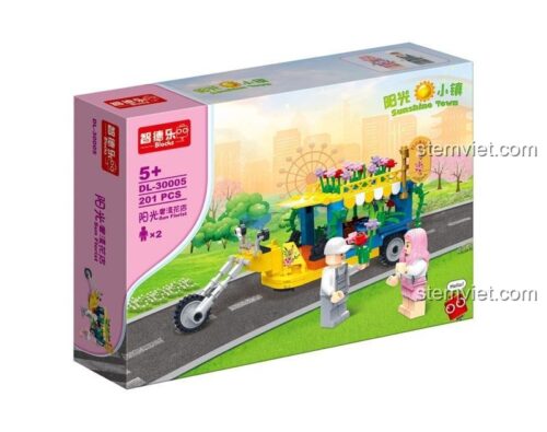 Hộp sản phẩm bộ lắp ghép ZDEL DL-30005 Tiệm hoa Ánh Dương, đồ chơi xây dựng xe hoa ba bánh cho bé gái 6 tuổi.