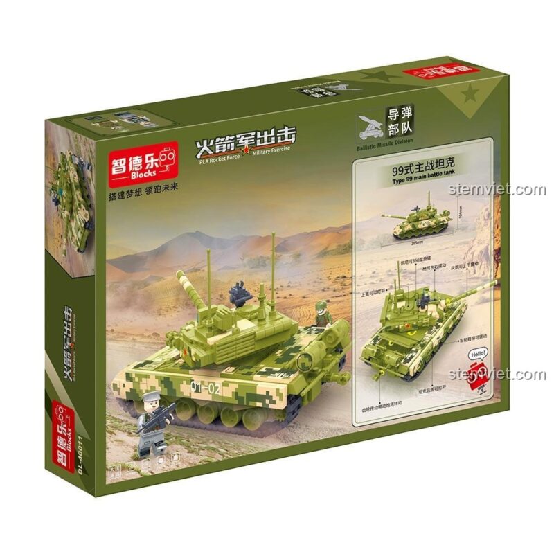 Mô hình Xe Tăng Type 99 DL40011 ZDEL với các tính năng nổi bật như tháp pháo xoay 360 độ, nòng pháo nâng hạ, nắp khoang mở, xích xe di chuyển, có âm thanh và động cơ kéo lùi, kích thước chi tiết trên hộp.