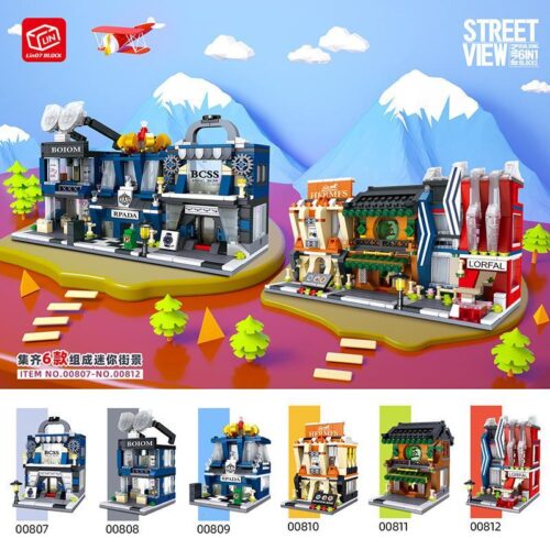 Bộ lắp ghép Zhe Gao 00807 Phố Mini 6 Trong 1 với 1441 mảnh ghép, mô tả toàn cảnh các cửa hàng mini như đồng hồ, kính mắt, trang sức, túi xách, ngọc bích và mỹ phẩm. Đồ chơi lắp ráp Kiến Trúc Tinh Xảo cho bé gái 6 tuổi, giá tốt.