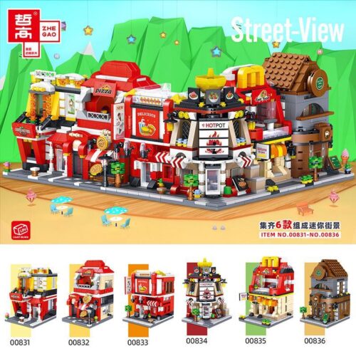 Bộ lắp ghép Zhe Gao 00831-00836 Phố Ẩm Thực Mini, mô hình các cửa hàng ăn uống sống động, phù hợp cho bé trai và bé gái 6 tuổi trở lên, giá tốt.