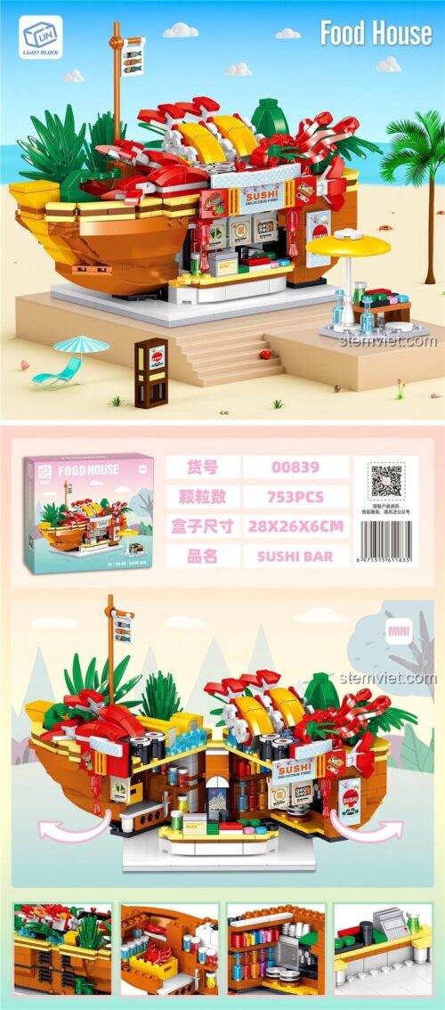 Mô hình Quán Sushi Food House Zhe Gao 00839 chi tiết, thể hiện kích thước hộp và số lượng chi tiết 753 mảnh, đồ chơi sáng tạo cho trẻ 6 tuổi.