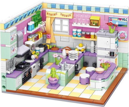 Mô hình bếp mini Zhe Gao 00870, bộ đồ chơi lắp ghép 595 mảnh, rèn luyện sự khéo léo và sáng tạo cho bé gái.