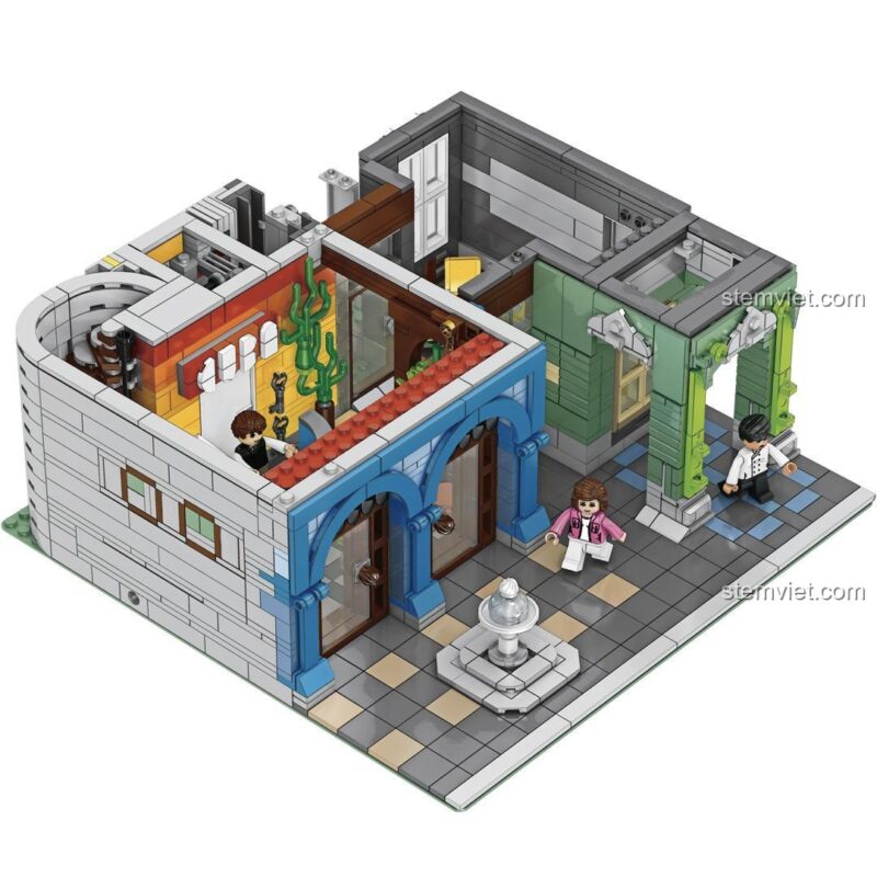 Chi tiết nội thất tầng trệt của bộ lắp ghép Khách sạn Cuba Zhe Gao 00956, với các minifigure và đồ trang trí, đồ chơi mô hình sống động.