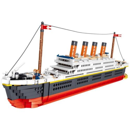 Mô hình Tàu Titanic 1010 hoàn chỉnh, góc nhìn từ phía trước, thể hiện sự hùng vĩ của con tàu huyền thoại. Đồ chơi lắp ghép cho bé trai 6 tuổi.