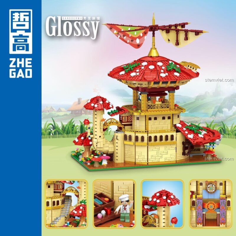 Chi tiết bên trong Khách sạn Linh Chi Zhe Gao 01015, thể hiện các phòng và cầu thang, mang đến trải nghiệm đồ chơi xây dựng phong phú cho bé gái 6 tuổi.