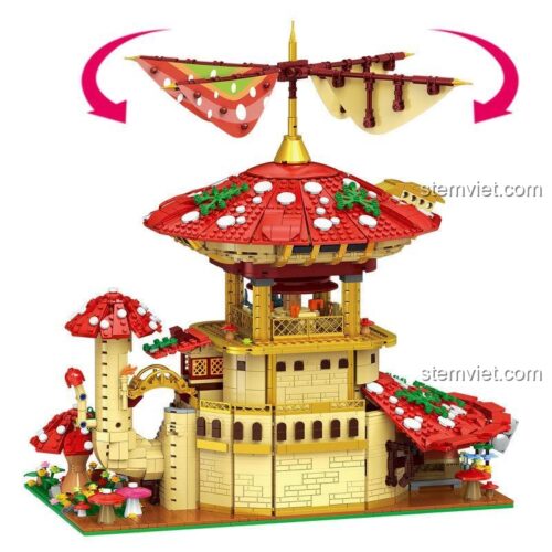 Đồ chơi mô hình Ngôi nhà nấm Linh Chi Zhe Gao 01015 thể hiện tính năng mái nấm xoay độc đáo, mang lại trải nghiệm lắp ráp sáng tạo cho bé gái 6 tuổi.