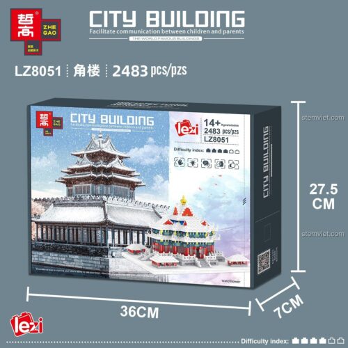 Mô hình hoàn thiện của bộ lắp ghép Zhe Gao LZ8051 Tháp Canh Góc Tường Thành Tử Cấm Thành, một đồ chơi mô hình kiến trúc cổ Trung Hoa dành cho thanh niên 14 tuổi.