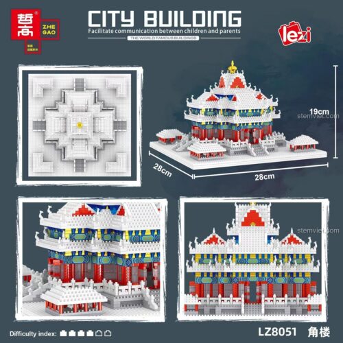 Hình ảnh chi tiết kích thước của bộ xếp hình LZ8051 Gác Lâu Tử Cấm Thành, cho thấy chiều dài, rộng, cao của mô hình sau khi lắp ráp.