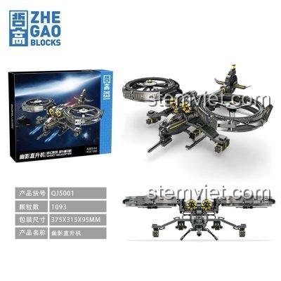 Hộp và mô hình Trực thăng Bóng Ma Zhe Gao QJ5001, bộ đồ chơi lắp ráp 1093 mảnh, thể hiện kích thước hộp và mô hình, phù hợp bé trai.