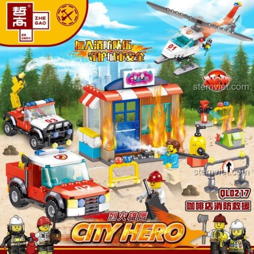 Cảnh cứu hỏa sống động với trực thăng, xe cứu hỏa và cửa hàng cà phê bị cháy, bộ lắp ghép Zhe Gao QL0217 cho bé trai 6 tuổi, đồ chơi mô hình chất lượng cao.