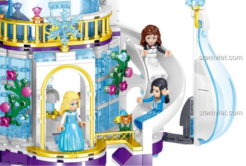 Minifigure và cầu trượt trong bộ lắp ghép Lâu đài Băng giá Windsor Zhe Gao QL1142, đồ chơi lắp ghép lâu đài công chúa băng giá cho bé gái.